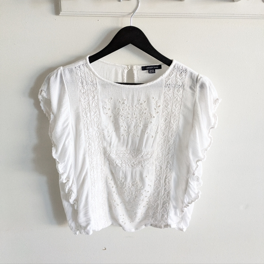 American Eagle White Eyelet Blouse Top size Small